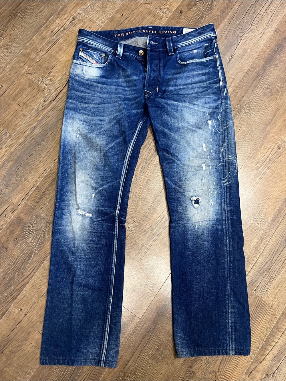Diesel Men's Straight Leg Distressed Dark Blue Jeans -